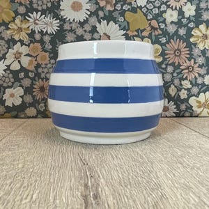 May include: A ceramic jar with a white base and blue and white horizontal stripes. The jar has a cylindrical shape and a wide opening. The background features a floral pattern on a dark background.