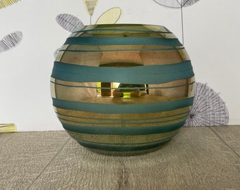 Mid Century Modern Aqua Sea Glass Vase: Gold Banded Globe Vase
