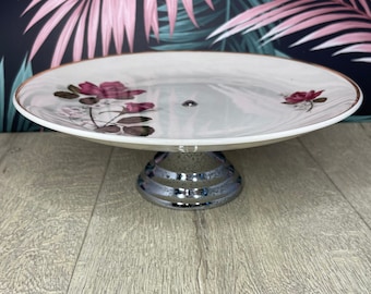 Pink rose cake plate stand - pedestal serving plate with flower pattern