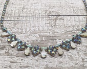 Vintage Mother of Pearl and Blue rhinestone necklace - adjustable length