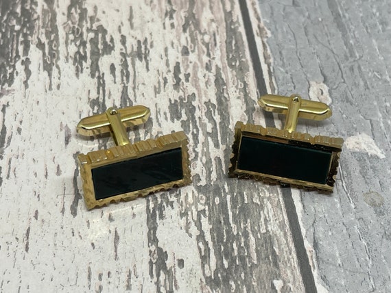 Gold and black rectangular cuff links - vintage g… - image 5