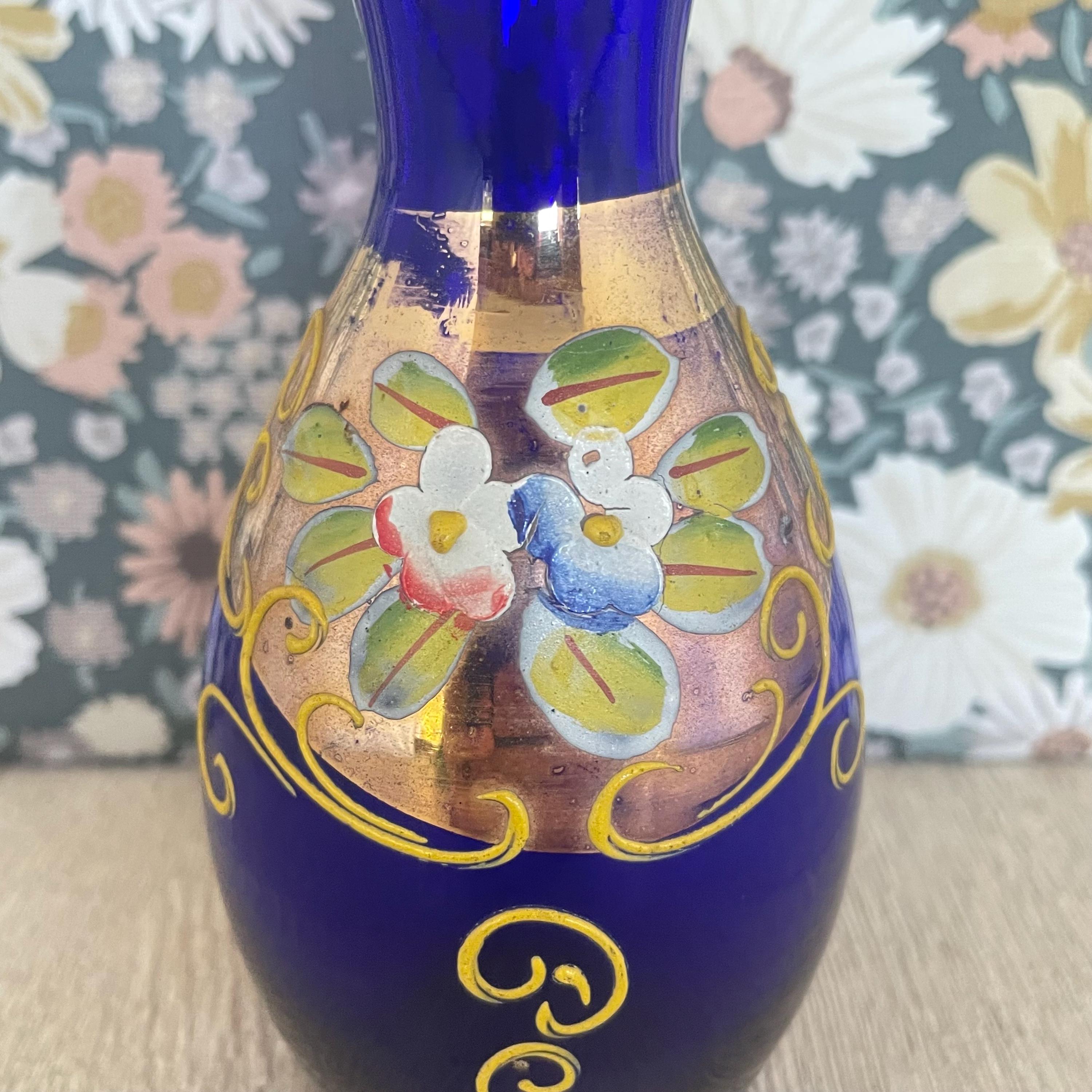 Vintage Czech Bud Vase – Cobalt Blue Glass With Gold & Enamel