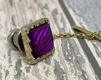 Golden purple square  tie pin -  Vintage jewellery gift for a man