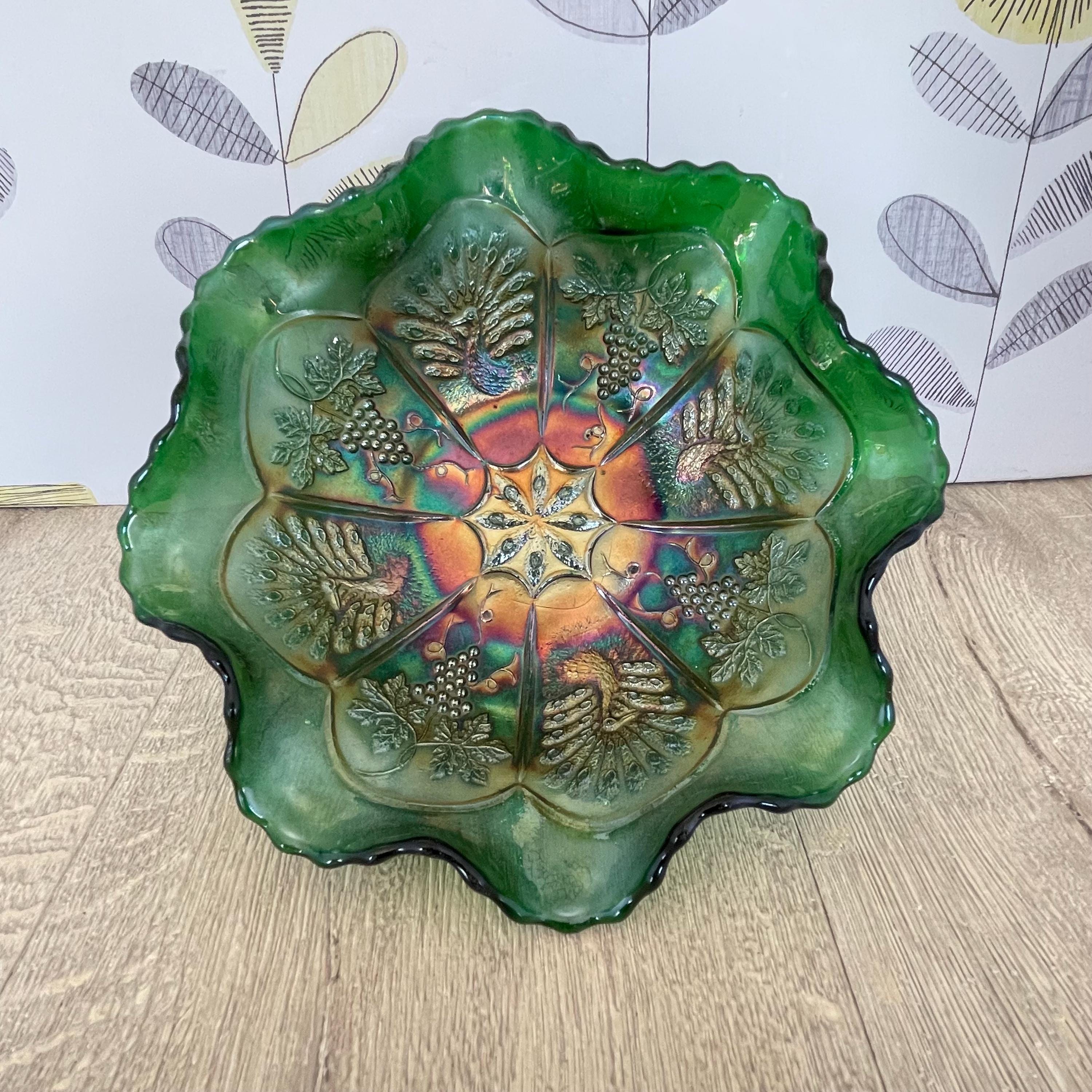 Fenton Green Carnival Glass Dish – Tri-footed With Peacocks and