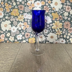 Cobalt Blue Glass Goblet – MCM Italian Hand-Blown Sherry Glass, Twisted Stem