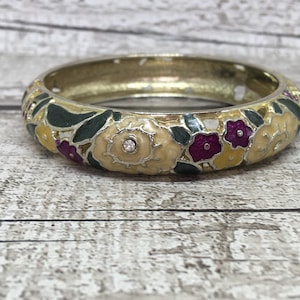 Enamel bangle for women - gold hinged clamper  bangle with enameled flowers  -  nineties  fashion jewellery