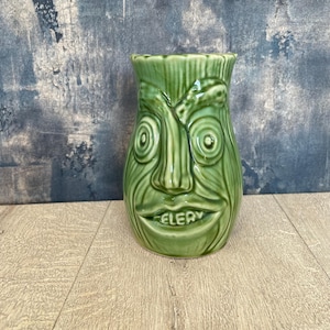 Vintage green funny face pot ceramic celery vase - Mid century era kitchenware