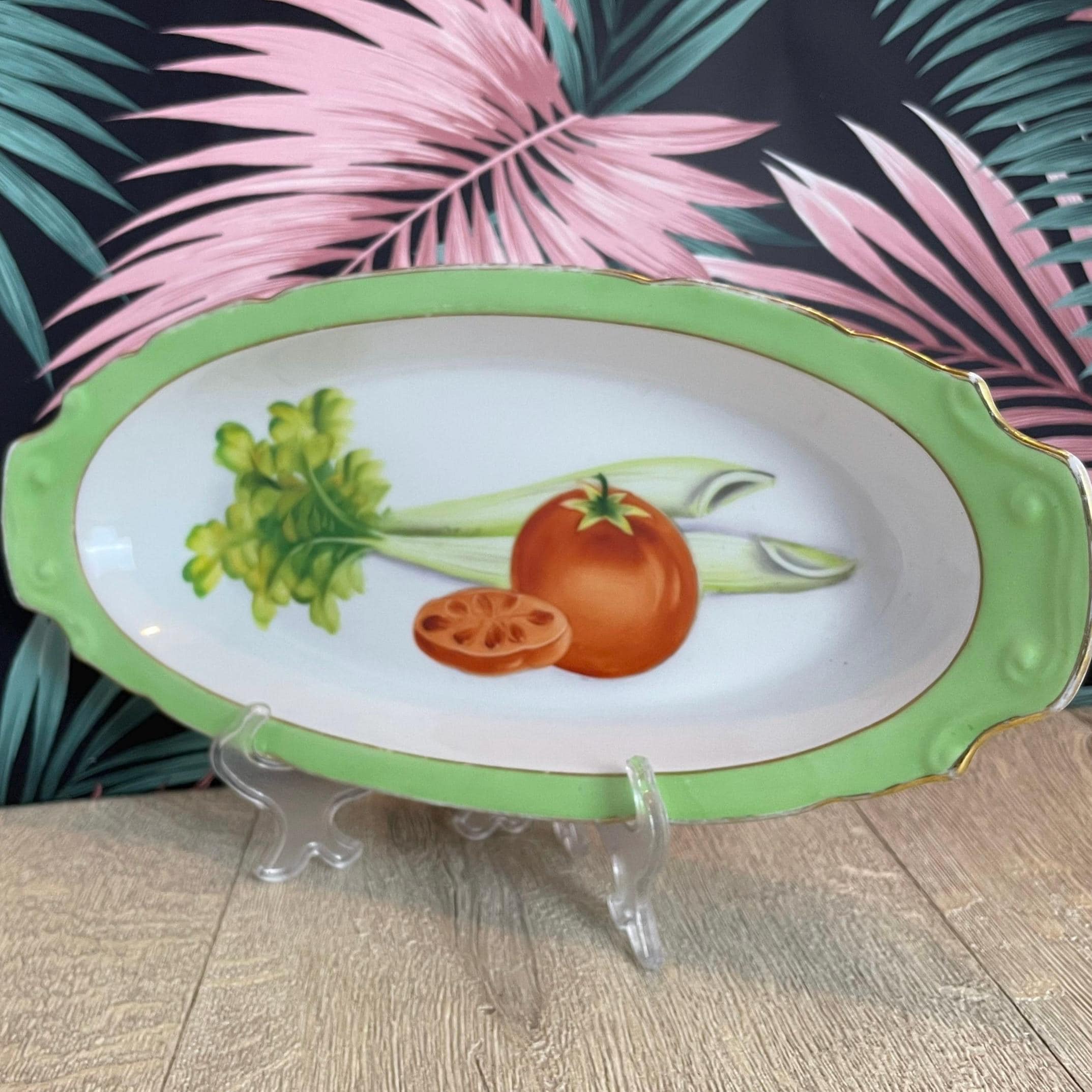 Noritake 大皿 4枚セット ホワイト/グリーン◎E255 Noritake Celery Dish With Vegetable Pattern and Green Rim