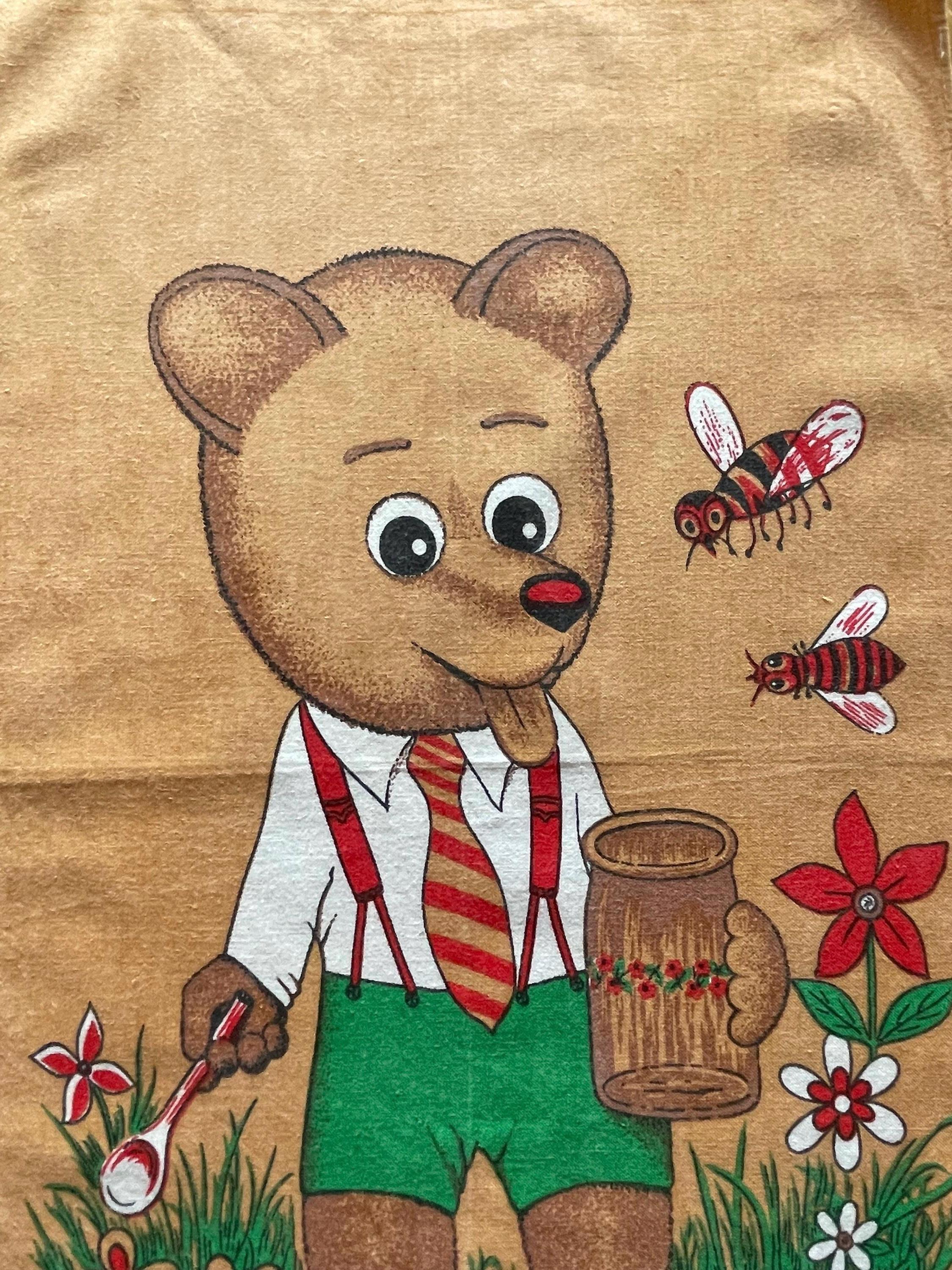 【美品】Vintage TOLI 1995-96 Fabric Archive Vintage 1970s Tea Towel – Brown Bear, Honey and Bees, Worn