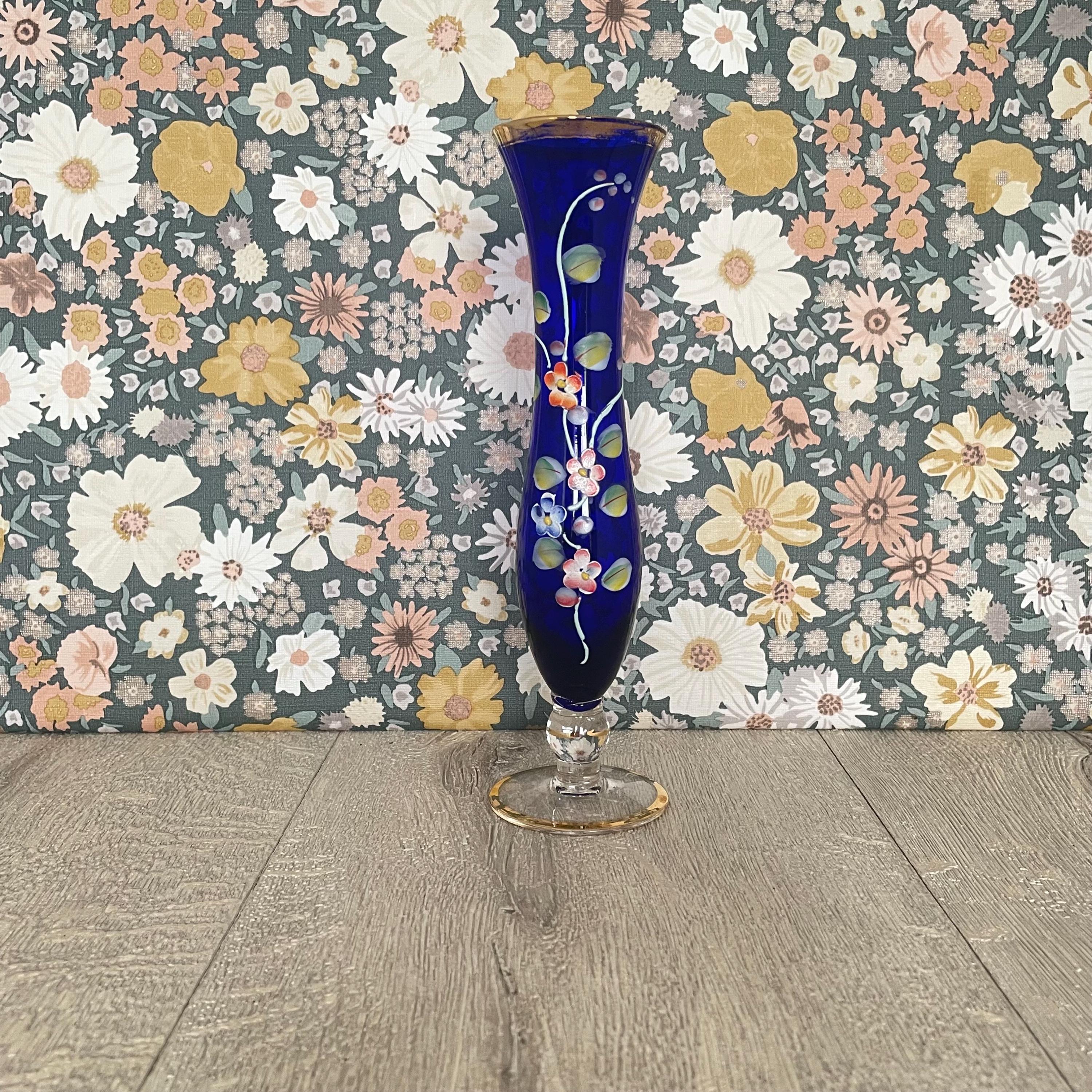 Cobalt Blue Bohemian Vase - Vintage Czech Glass With Blossom