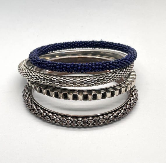 Instant Bangle Stack - Silver and Blue Narrow Met… - image 1