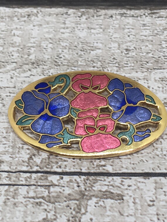 Cloisonne enamelled brooch , pink and blue pansy … - image 9