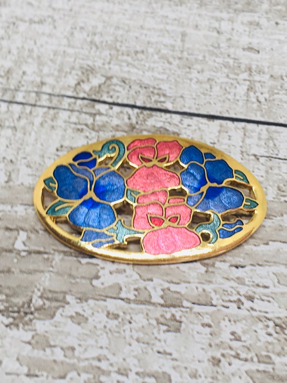 Cloisonne enamelled brooch , pink and blue pansy … - image 3