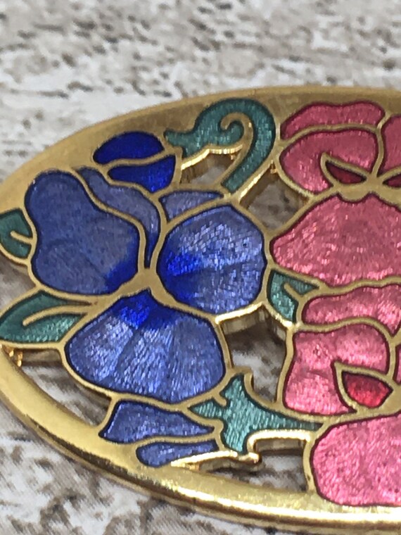 Cloisonne enamelled brooch , pink and blue pansy … - image 7