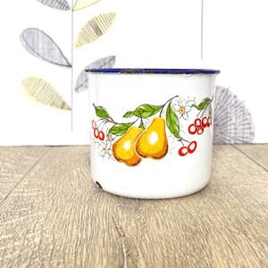 May include: White enamel mug with a blue rim and a floral design featuring pears, leaves, and red berries.