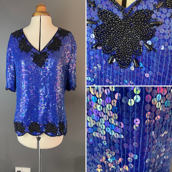 Royal blue sequin V neck top for women - silk blouse… - Gem