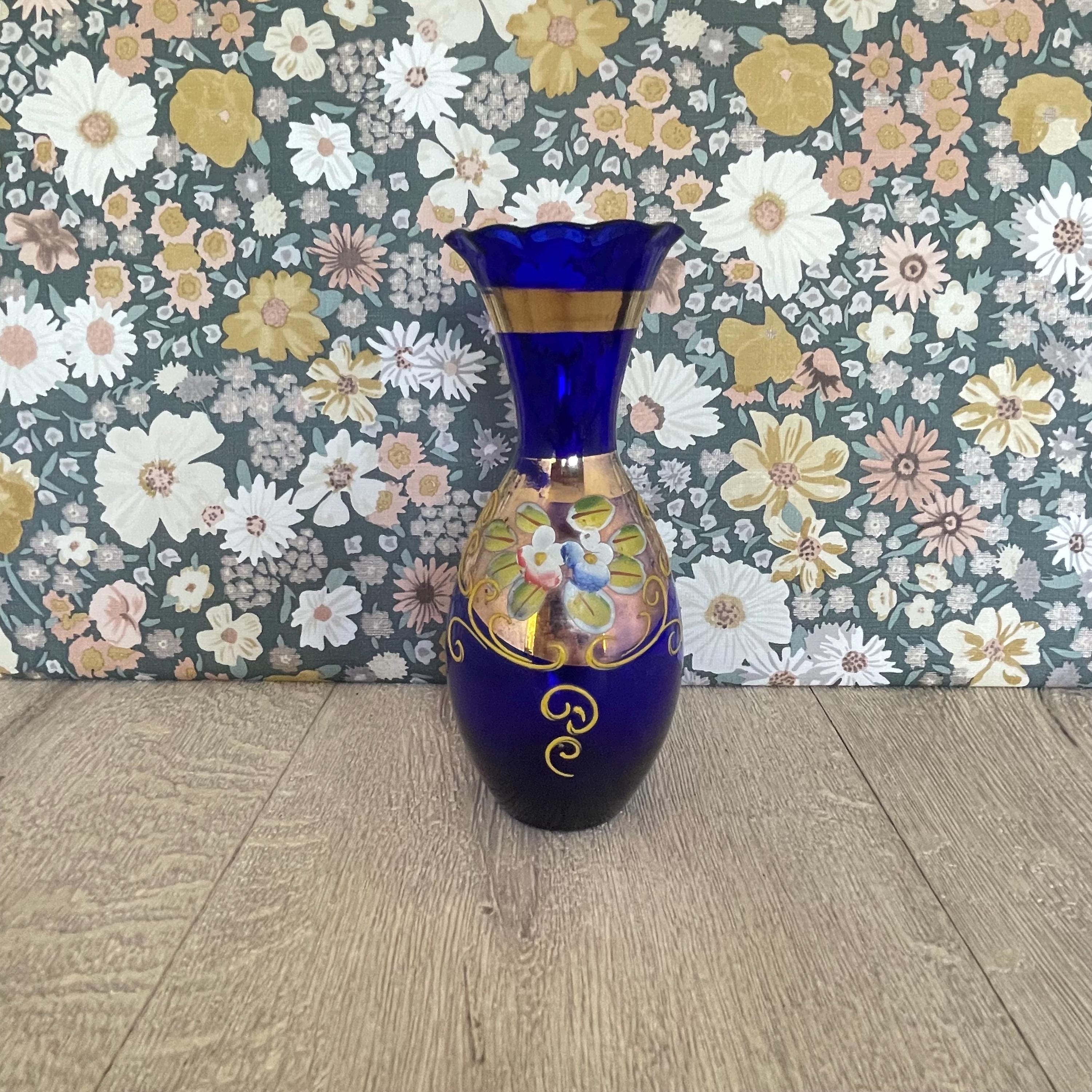 Vintage Czech Bud Vase – Cobalt Blue Glass With Gold & Enamel