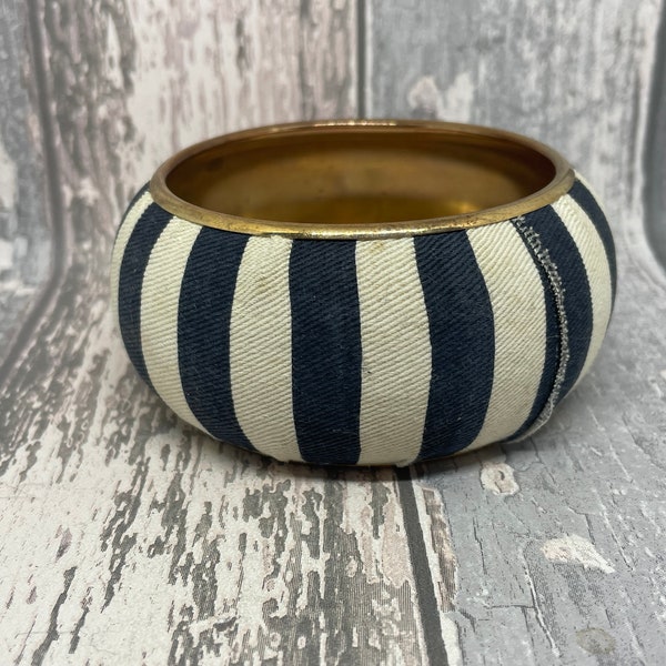 Extra wide stripy  bangle for women - vintage  chunky bangle brass navy and white