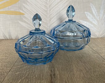 Art Deco blue   glass trinket pot set - forties dressing table décor - jewel shaped knob to lid