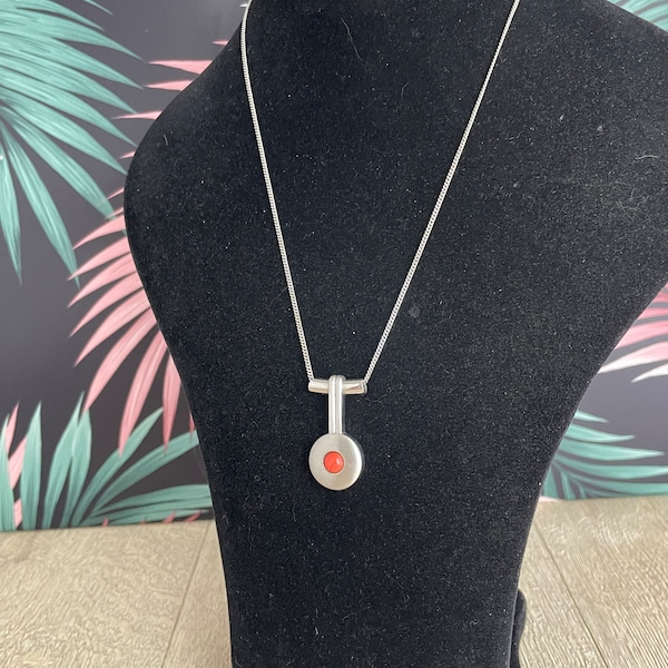 David Grau brutalist stainless steel pendant with orange red stone - Vintage pendant on princess length chain