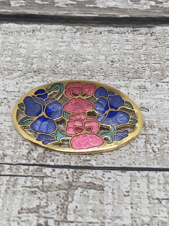 Cloisonne enamelled brooch , pink and blue pansy … - image 1