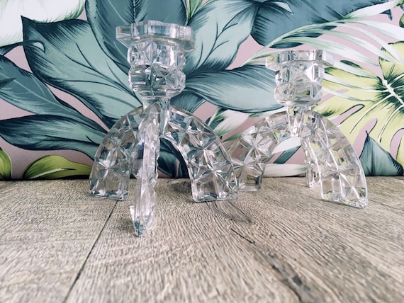 Paire De Bougeoirs En Verre Vert Et Transparent - 16 Cm De Haut - Fabrication Française - Occasion