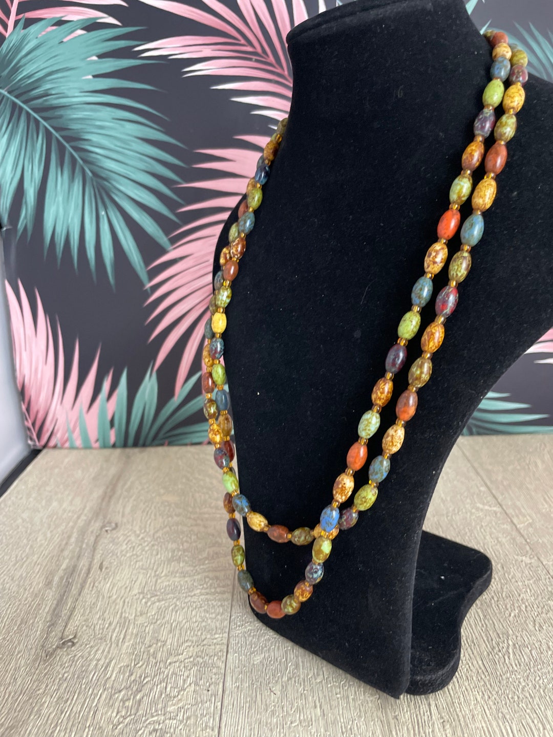 Jazz Glass Rope Length Necklace Vintage Multicoloured Oval Bead Flapper ...