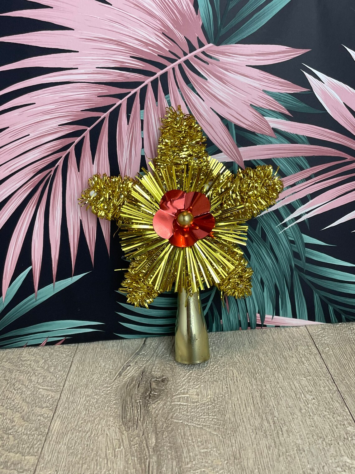 Vintage gold and red star tree topper  plastic and tinsel image 1
