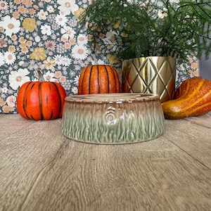 May include: A round ceramic bowl with a textured exterior resembling tree bark, featuring a gradient colour scheme that transitions from a light brown top to a sage green base, with a small circular knot detail on the side of the vessel.
