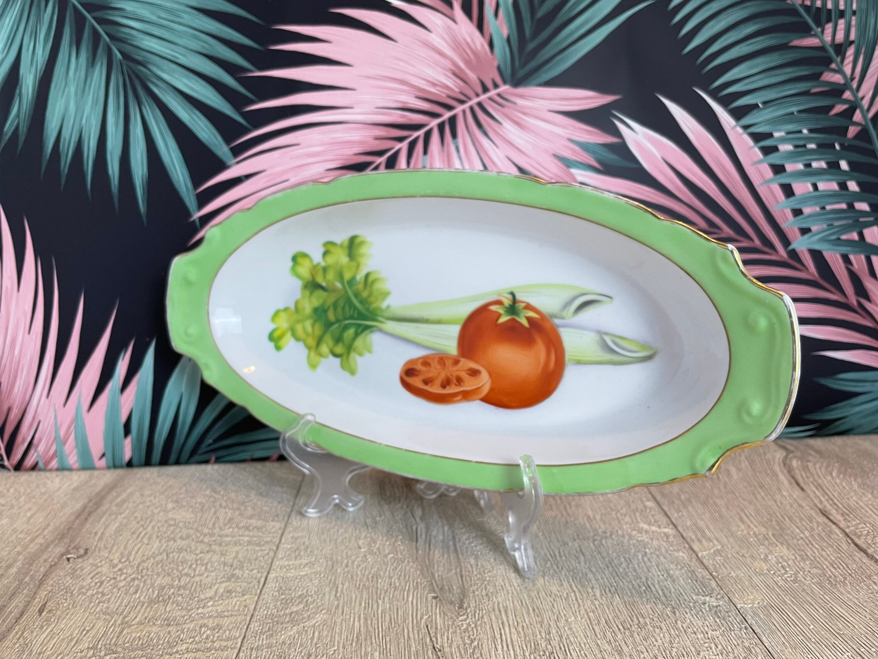 Noritake Celery Dish With Vegetable Pattern and Green Rim