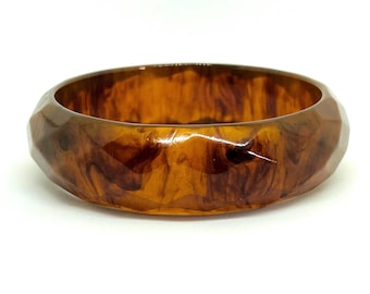 Root Beer Bakelite Bangle – Vintage Marbled Midi Bracelet, Faceted Design