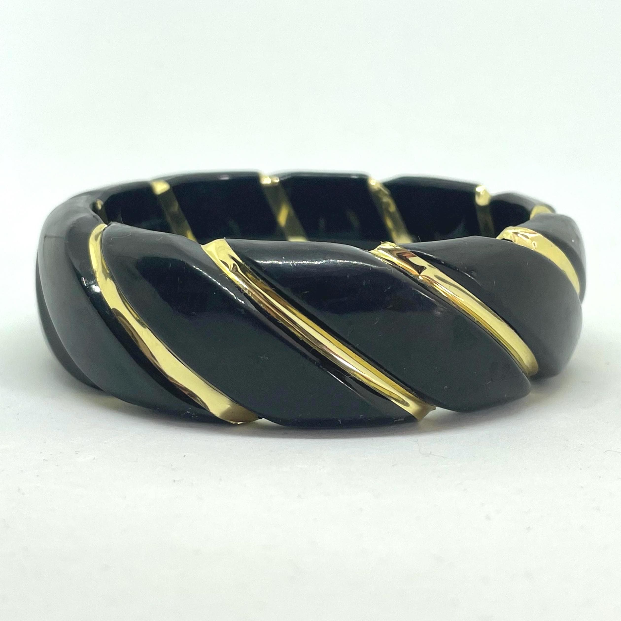 Wide Black and Gold Plastic Twist Bangle - Fakelite Rope Carved