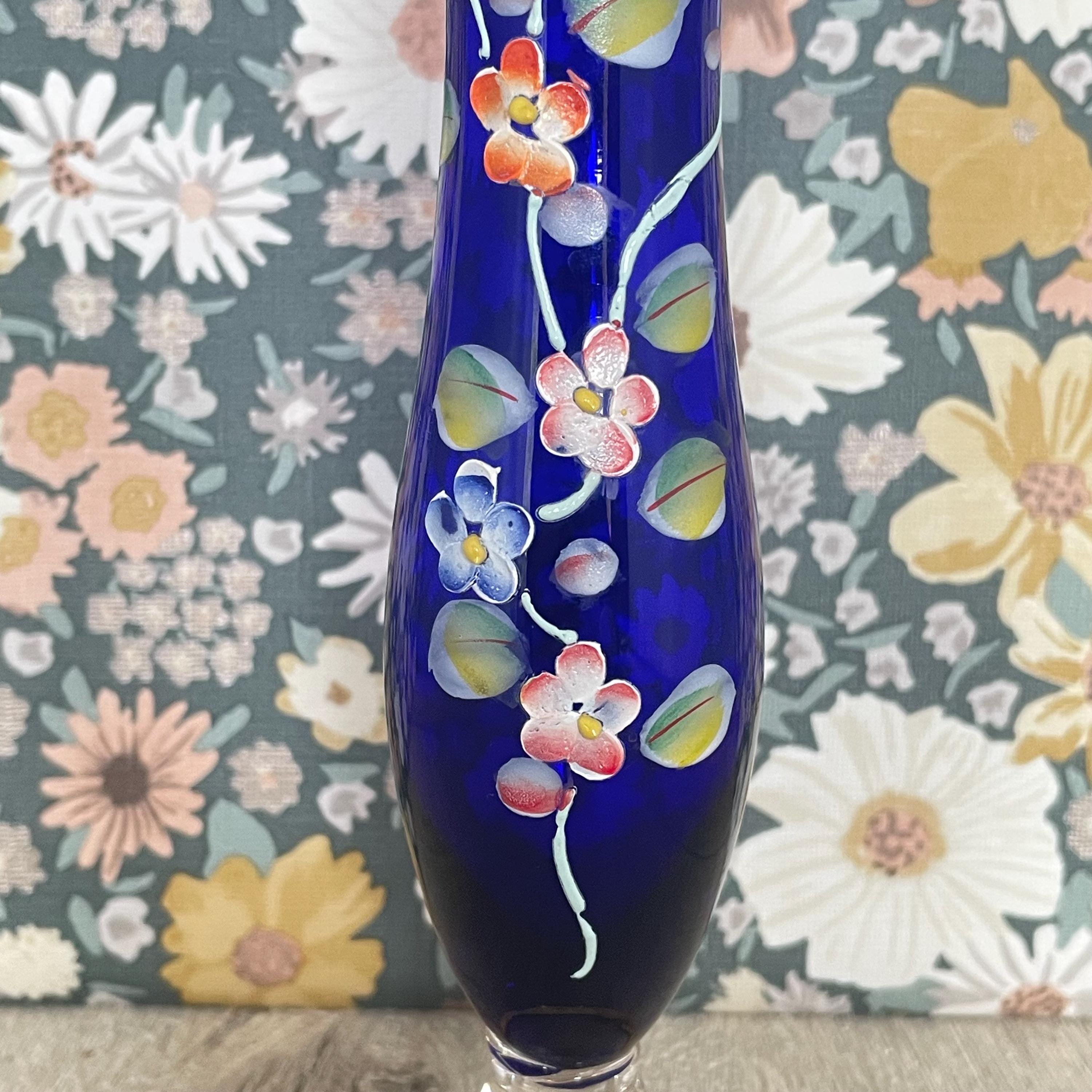 Cobalt Blue Bohemian Vase - Vintage Czech Glass With Blossom