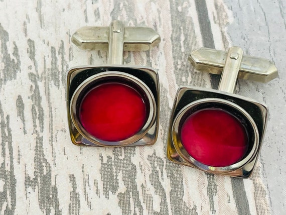 Mid century modern ruby red moonglow cuff links -… - image 10