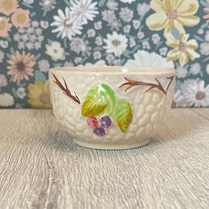 May include: A small, off-white ceramic bowl with a textured exterior. The bowl is decorated with a painted design of green leaves, purple grapes, and brown vines. The bowl is likely vintage or antique.