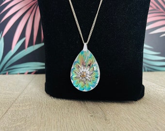 Aurora Borealis teardrop pendant with Edelweiss flower on matinee length chain - Vintage necklace for women