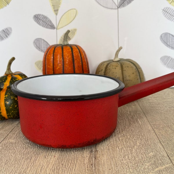 Small enamel 12 cm saucepan with handle -  retro red and black enamelware  milk pan with worn rustic finish