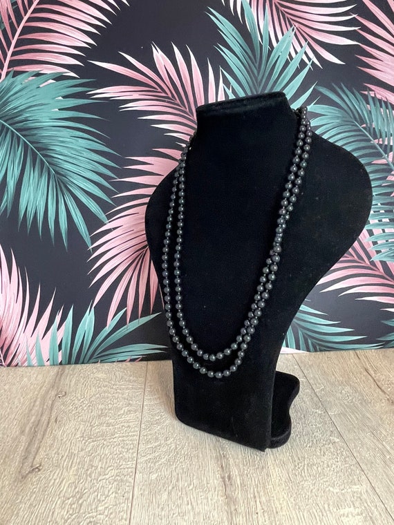 Vintage jet black plastic moulded bead necklace -… - image 1