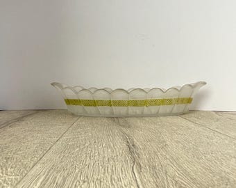 ヴィンテージフロストガラスボートディッシュ：イエローバンド