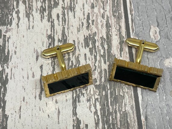 Gold and black rectangular cuff links - vintage g… - image 3