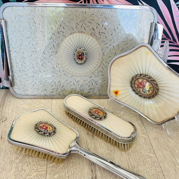 Dressing table set - vintage vanity tray mirror and brushes - white and silver guilloche bedroom décor - cottage core style