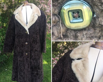 Winter straight  coat for women - vintage brown Astraka fake fur jacket -  faux astrakhan with faux  fur tailored collar size 12 coat