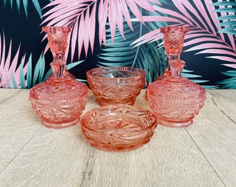Dressing table set  rose pink glass six piece set - trinkets pots and candlesticks