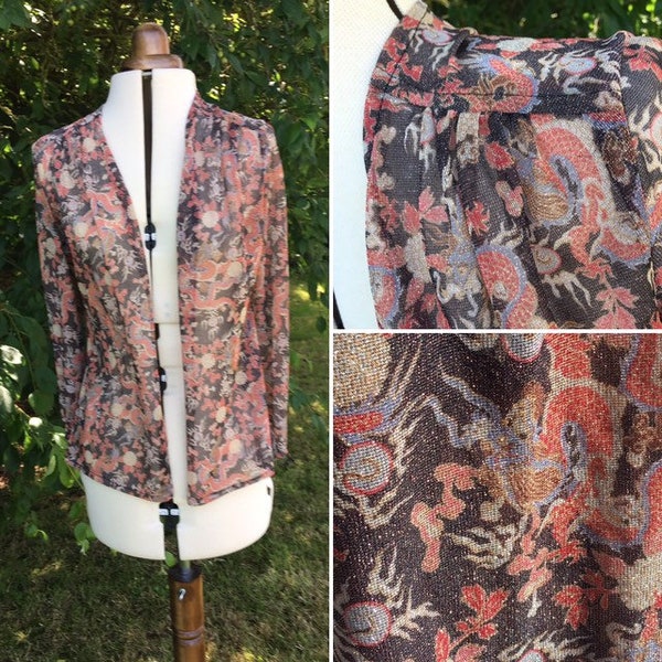 Dragon print blouse for women - Vintage seventies long  sleeved metallic sheer  blouse