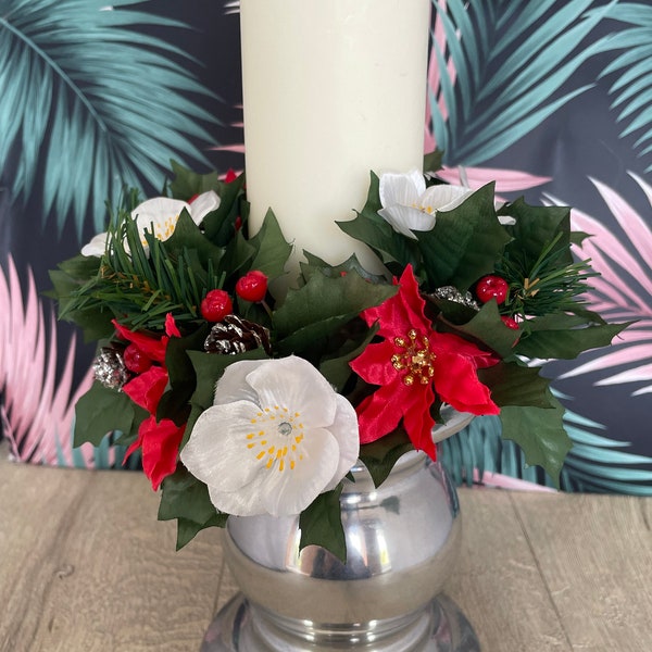 Single flower pillar candle ring - vintage artificial gold and white poinsettia flowers - Christmas flower display