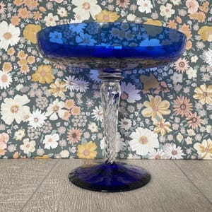 Italian Cobalt Blue Glass Compote – MCM Cake Stand with Spiral Stem, Vintage Decor