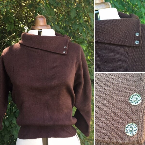 Brown batwing sweater with asymmetric collar , acrylic fine knit 1980's jumper