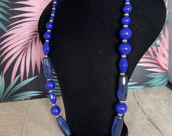 Electric blue plastic bead necklace -  retro costume jewellery opera length necklace for women