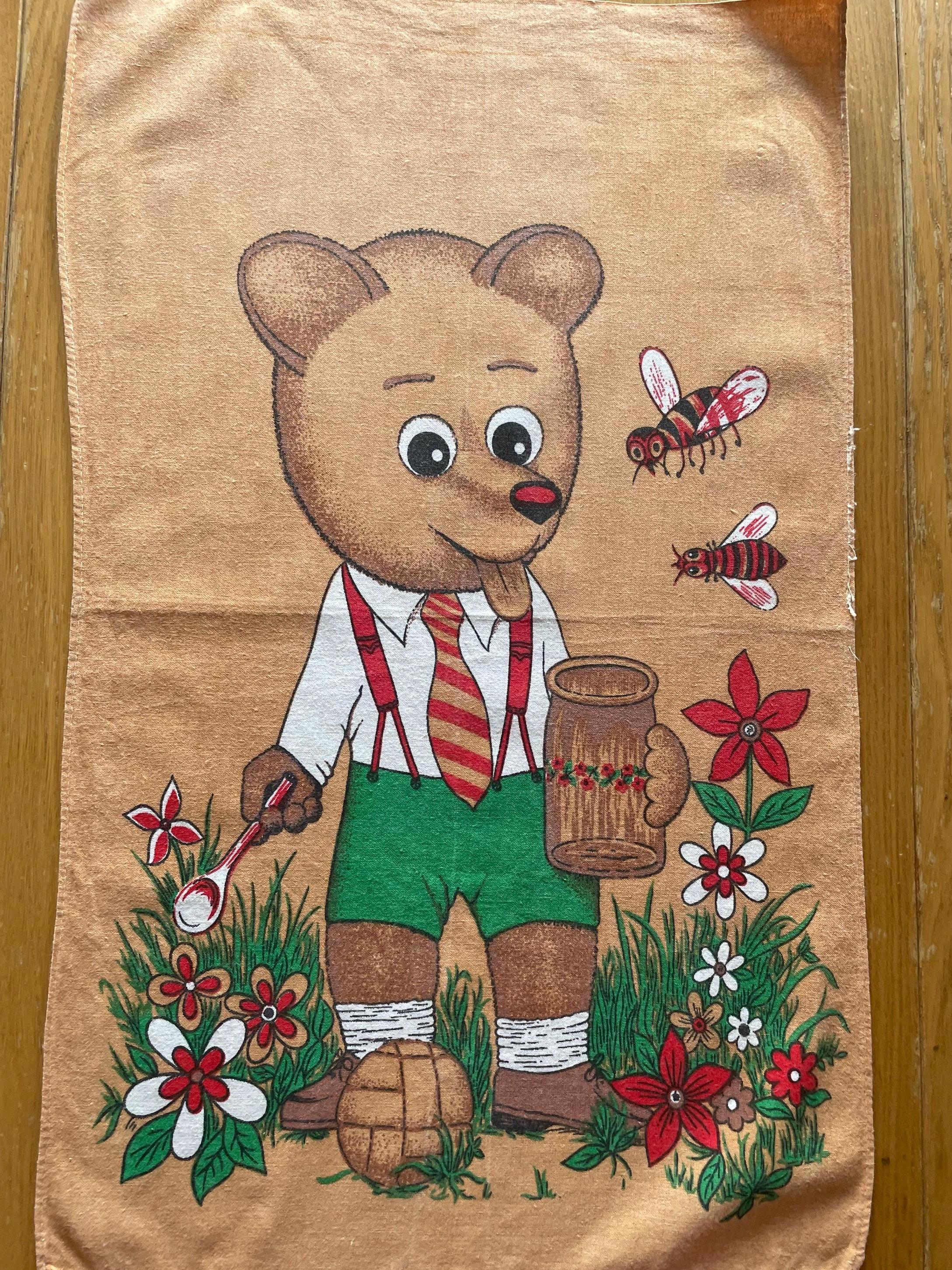 Vintage 1970s Tea Towel – Brown Bear, Honey and Bees, Worn