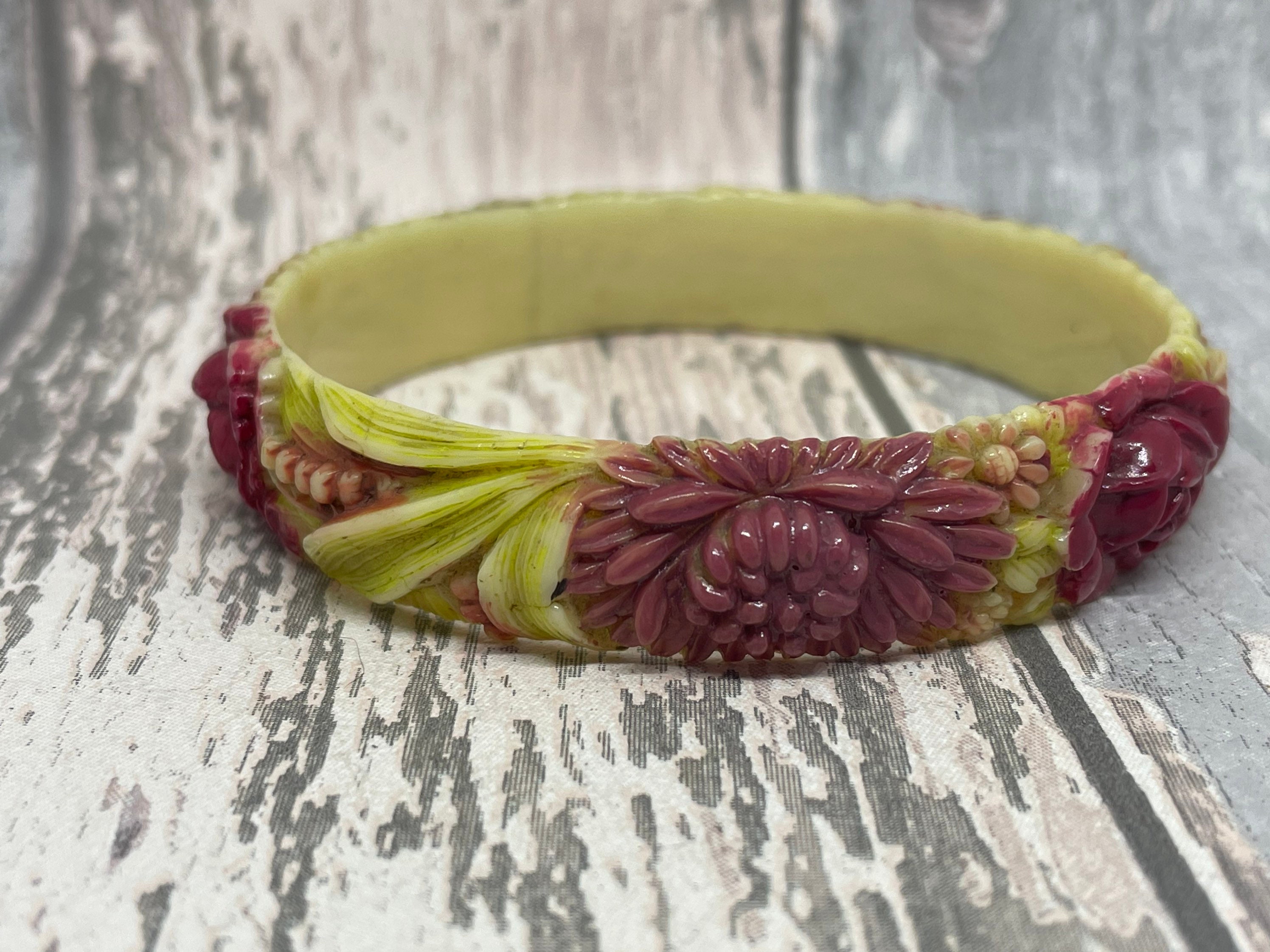 Painted Celluloid Flower Bangle - Vintage Plastic Bracelet